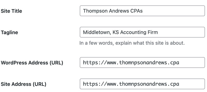 ThompsonAndrews.cpa - WordPress Settings - Example