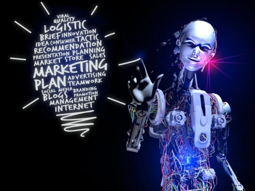 2025 marketing trends image shows futuristic robot drawing a light bulb shaped group of words including marketing plan and other related words.
